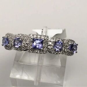 10K White Gold Natural Tanzanite Gemstone and Diamond Band Ring Size 7